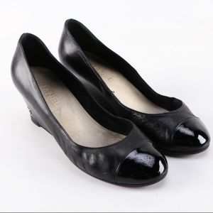 Chanel Lambskin Patent Toe Black Wedges